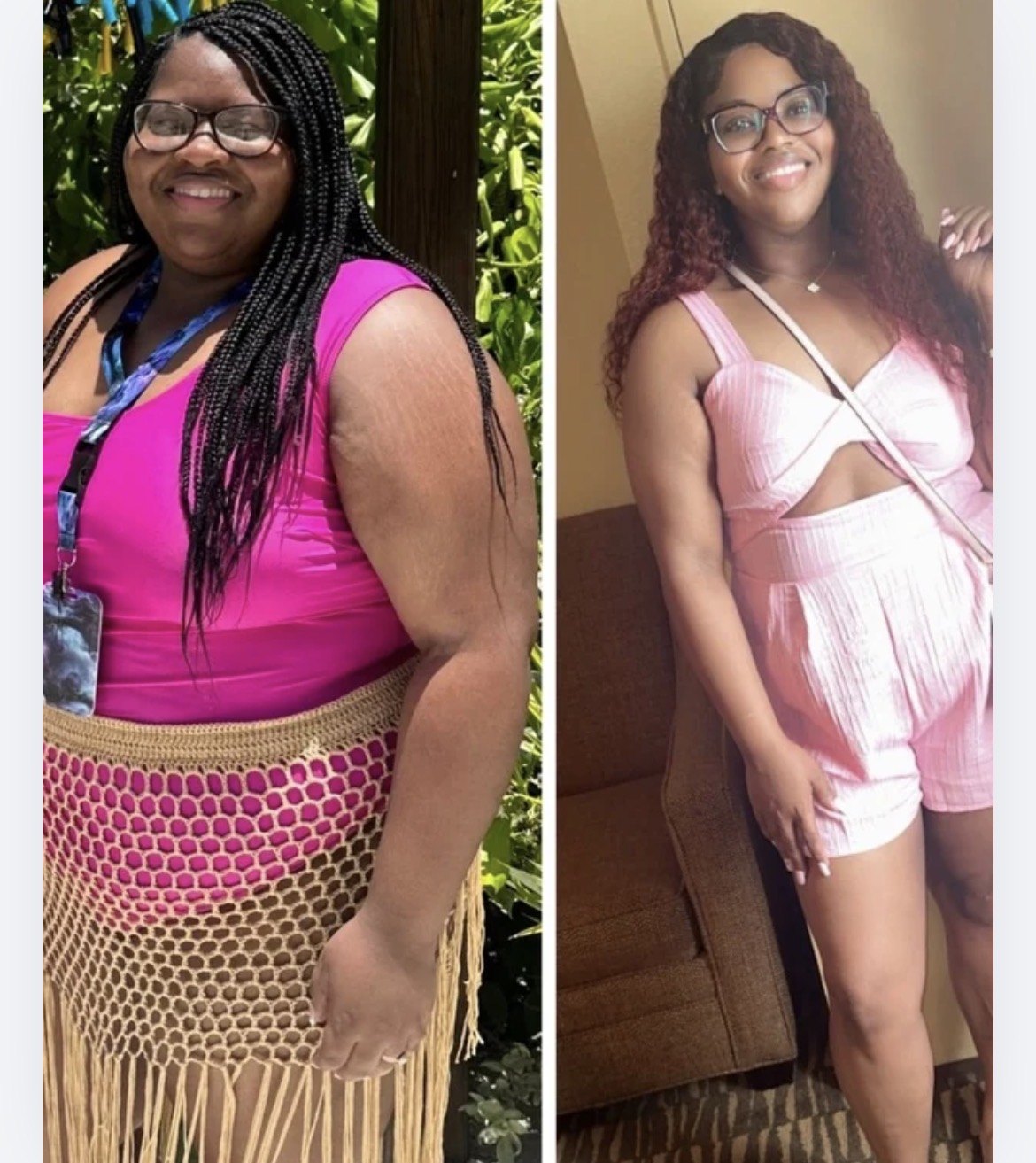 Shapeshifter client transformation — earlier photo in a bright pink outfit, later photo in a light pink outfit
